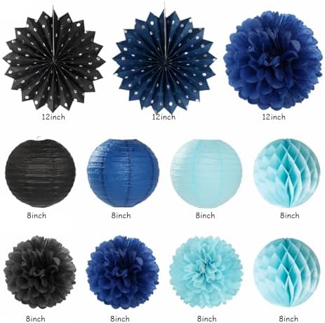 Light-Royal Navy-Blue Black Birthday Party-decorations - 21pcs Boys Men Happy Banner,Paper Streamers Lanterns Honeycomb,Tissue Pom Poms Fan,Adult Supplies Decor 16th 20th 40th 45th 50th 60th Huglony - Image 2