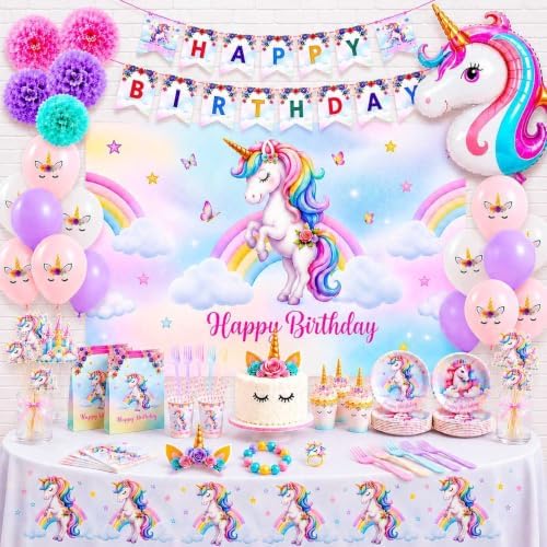 191 Pc Unicorn Birthday Decorations for Girls – Complete Unicorn Party Decorations Supplies Kit with Backdrop, Banner, Plates, Napkins, Balloons, Headband, Tablecloth – Rainbow Party For Kids by RegalDecorations