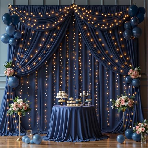 20 x 10ft Navy Blue Backdrop Curtains with Lights String - Image 2