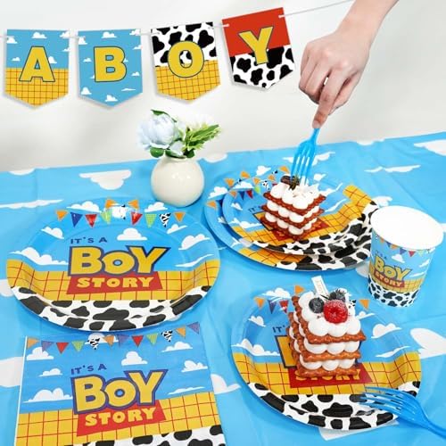 Boy Story Baby Shower Decorations, 25 Guests Includes Cardstock Plates Tableware | Tablecloth | Banner | Balloons | Cake Topper for It’s a Boy Story Baby Shower Themed Party Decorations - Image 2