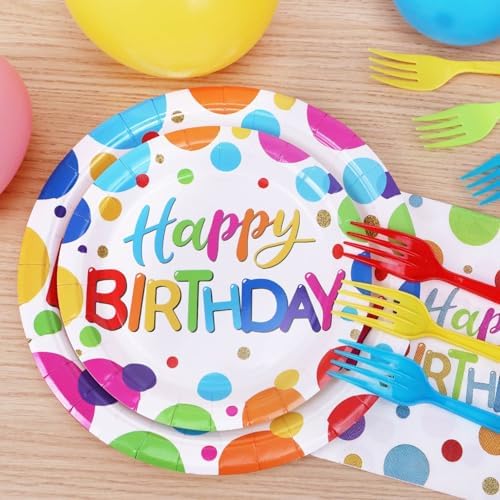 Multicolor Birthday Decorations Plates Set for 25 Guests, 100 Pieces Birthday Paper Plates Napkins Forks with Colorful Dots Design Tableware for Kids Boys Girls - Image 2