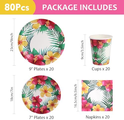 80 PCS Floral Paper Plates, Hawaiian Floral Paper Plates and Napkins Party Supplies for Hawaiian Party Birthday Summer, Serve for 20 Guests - Image 3