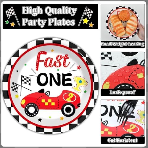 Fast One Birthday Decorations for Boys Racing Car 1st Birthday Party Supplies Fast One Plates Napkins Forks Checked Race Car Disposable Paper Plates Tableware Set for Kids Favors Serve 25 - Image 3