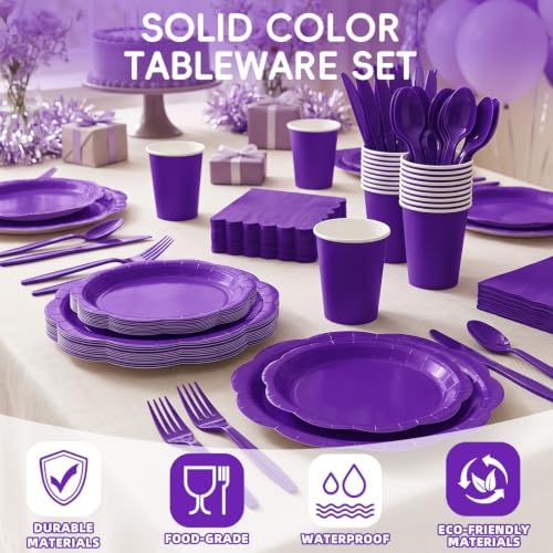 Deep Purple Party Dinnerware Set, 175 Pcs Disposable Decagonal Paper Plates, Cups, Napkins and Plastic Cutlery, Serves 25 for Halloween, Birthday and Wedding Parties - Image 3