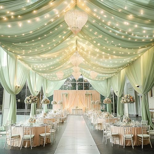 6 Panels Green Ceiling Curtains with Lights for Weddings - 5ftx20ft Wrinkle-Free Tulle Fabric Wedding Arch Draping Ceiling Drapes Decorations for Wedding Party Ceremony Stage Tent Event - Image 6