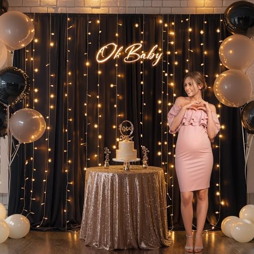 Black Backdrop Curtain with Lights String for Parties,10x10FT Wrinkle Free Black Drapes Wedding Photo Backdrop Curtains for Baby Shower Birthday Ceremony Reception Home Party Decorations - Image 4