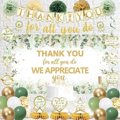 Vlipoeasn We Appreciate You Decorations, Green Gold Thank You for All You Do Party Set with Backdrop Banner Honeycomb Centerpieces Hanging Swirls, Appreciation Decor - Image 4