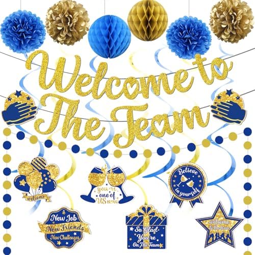 Welcome To The Team Banner Gold, Welcome Banner Circle Dots Garland Hanging Swirls Paper Flowers Honeycomb Balls, Welcome Decorations for Employee Office Teacher Colleague Staff by Unknown