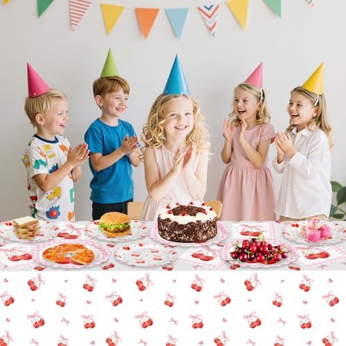 40 Pcs Cherry Birthday Decorations - Pink Bows Plates and Napkins Party Supplies, Disposable Scalloped Bowknot Paper Dinner Plates Napkins Sets for Fruits Cherry Table Party Decor Favors, Serves 20 - Image 5