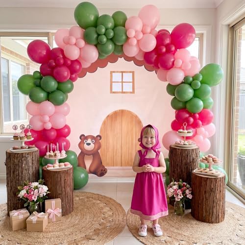 214 Pcs Pink Cartoon Bear Party Balloon Arch Kit with Cute Banner for Forest Birthday Baby Shower Woodland Party Celebrations Wooden House Picnic - Image 5