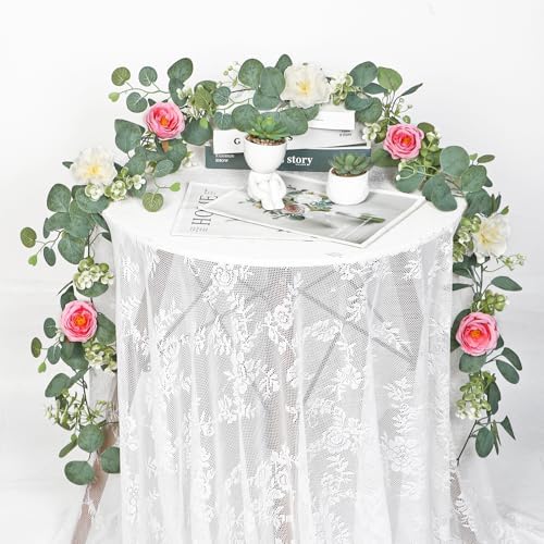 TOCHGREEN 2 Pack Artificial Eucalyptus Flower Garland with Pink White Roses - Image 7