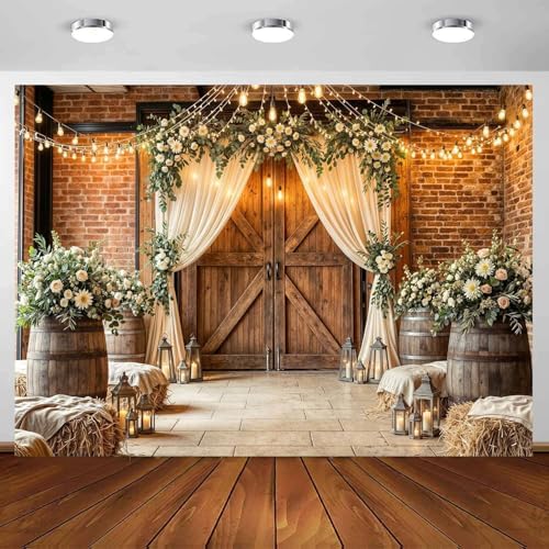 7x5Ft Country Wedding Backdrop Photography Rustic Roses Brick Stone Wall Backdrop Farmhouse Wooden Door Birthday Baby Shower Wedding Bridal Party Banner Photo Booth Props Anniversary Background - Image 2
