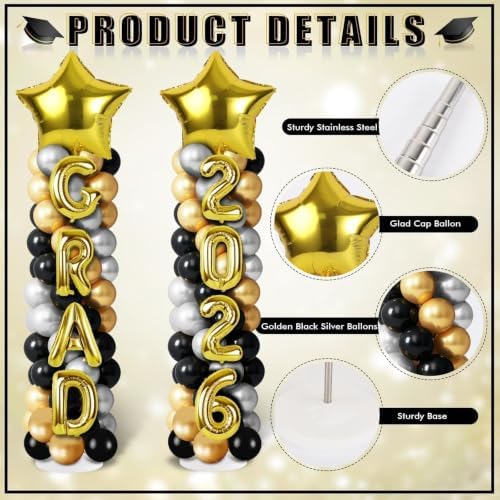 2 Sets Graduation Balloon Column Stand Kits with Balloons 2026 Grad Themed Decoration Navy Blue Balloon Tower Stand Kit for Grad High School & College Celebration Party Decor (Black Gold, 2) - Image 4
