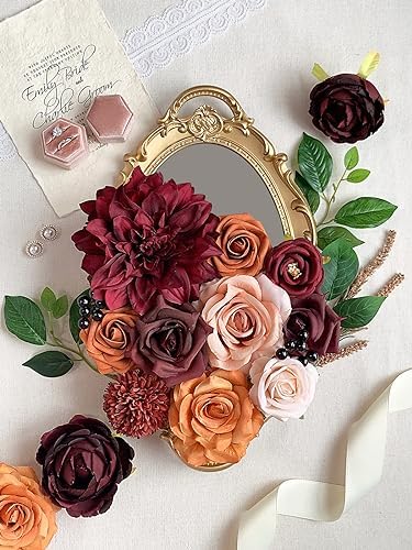 FACINOC Artificial Flowers Orange Burgundy Fake Flowers Dahlia Roses Bulk - Image 2