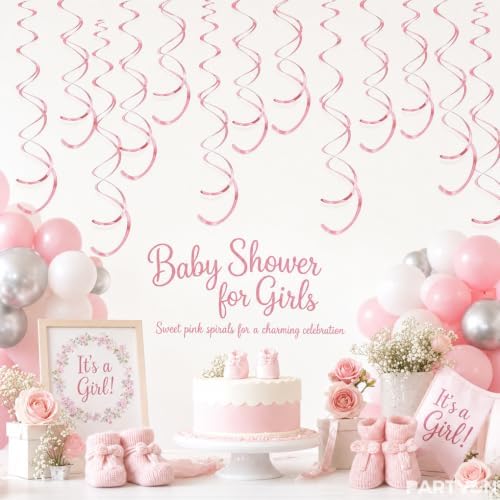 32 PCS Pink Hanging Swirl, Sparkle Ceiling Hanging Decorations, Plastic Streamer Party Decorations for Birthday, Baby Shower, Bridal Shower, Easter, Graduation - Image 2