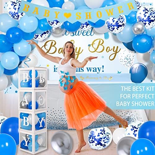 Baby Shower Decorations for Boy, Blue Baby Party Decor Kit with Balloons Boxes, Blue Balloon Garland Backdrop Banner and Tablecloth and Baby Shower Sash, Baby Boy Shower Decorations - Image 6