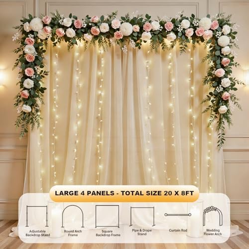 20 FT x 8 FT Champagne Backdrop Curtain - Tulle Backdrop Curtain with 9.8FT Lights String - Sheer Backdrop Curtains with 4 Inch Rod Pockets for Birthday Weddings Baby Shower Party Decorations - Image 3