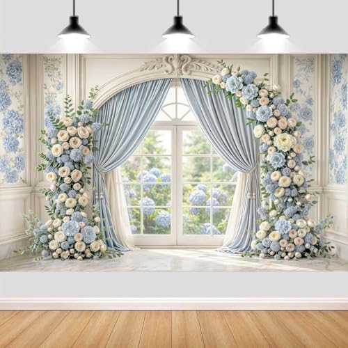15X10ft Light Blue Floral Wedding Backdrop Luxury Palace Window Elegant Rose Arch Photography Background Blue Flower Birthday Baby Shower Bridal Party Portrait Photo Booth Props by NYMB