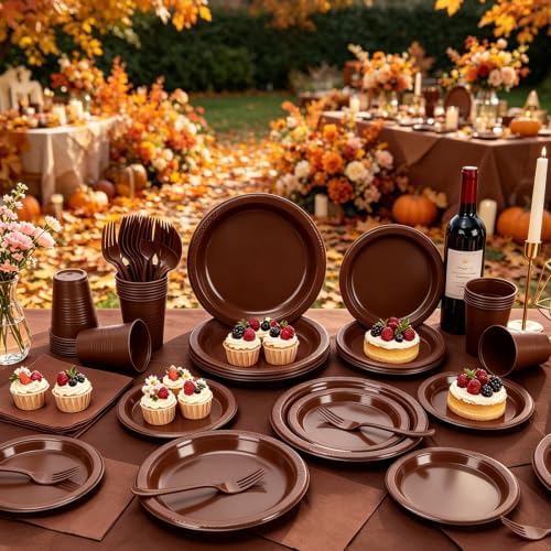 Brown Plastic Plates for Party,30 Guest Disposable Brown Party Supplies Including Dinner&Dessert Plate,12oz Cups,Cutlery,Napkins & Tablecloth Dinnerware Decorations for Birthday Wedding - Image 5
