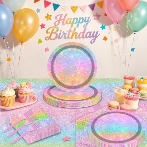 Iridescent Glitter Rainbow Party Supplies for 20 Guests, Disposable Holographic Glitter Pastel Tableware Set Includes Plates, Napkins, Forks, Tablecloth for Girls Birthday Party Decorations - Image 7