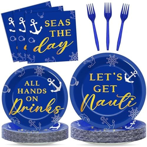 96 Pcs Nautical Bachelorette Party Plates and Napkins for Let's Get Nauti Yacht Party Supplies Nautical Sailor Themed Paper Dessert Plates Bridal Shower Tableware Set for 24 Guests Party Decorations by CHUNNIN