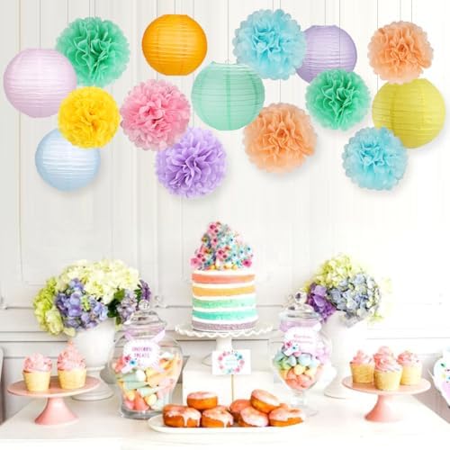 zilue Paper Lanterns and Paper Pom Poms Pastel Party Decorations 15pcs - Image 3