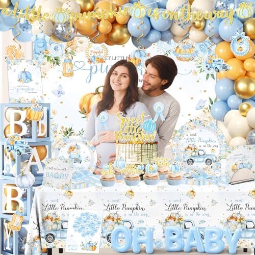 249pcs Little Pumpkin Baby Shower Decorations for Boy,A Sweet Little Pumpkin is On the Way Baby Shower,Blue Pumpkin Floral Balloons Plates Boxes Tablecloth for Fall Thanksgiving Autumn Party Decor - Image 2