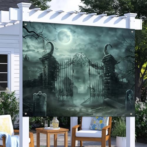 BlissYard Halloween Backdrop Banner Haunted Graveyard Gate 8x6ft - Image 5