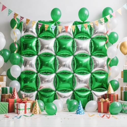 NISOCY 25PCS Green and Silver Square Foil Balloons Wall Backdrop - Image 6