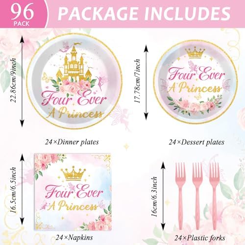 96Pcs Four Ever a Princess Plates and Napkins Girl 4th Birthday Party Decorations Royal Pastel Castle Dessert Disposable Plates Pink & Gold Tableware Set for 24 Guests Floral Fairytale Party Supplies - Image 2