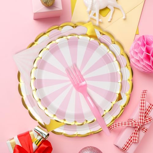 96PCS Pink Party Paper Plates with Gold Scalloped Edge, Pink Scalloped 9inch 7inch Dessert Paper Plates Party Supplies for Birthday Bridal Shower Picnic, Serve for 24 Guests, Striped - Image 2