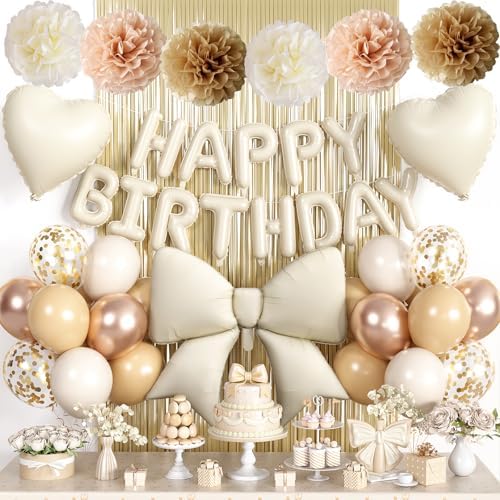White Gold Birthday Decorations for Girls Women, Happy Birthday Balloons by Adorely