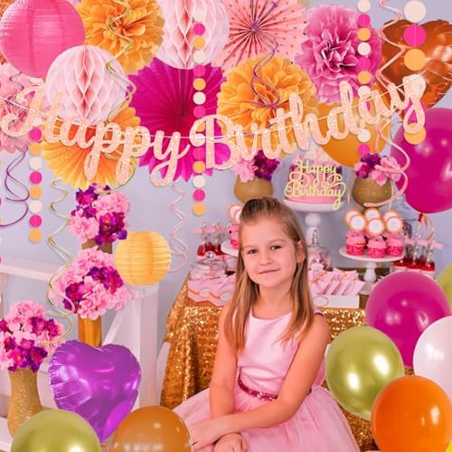 Hot-Pink Orange Birthday Decoration for Women Girl, Fall Peach Burnt-Orange Gold Balloon Décor-Happy Banner, Streamers Lanterns Honeycomb, Tissue Flowers Pom Poms Fan, Boho Sunset Autumn Party Décor - Image 5