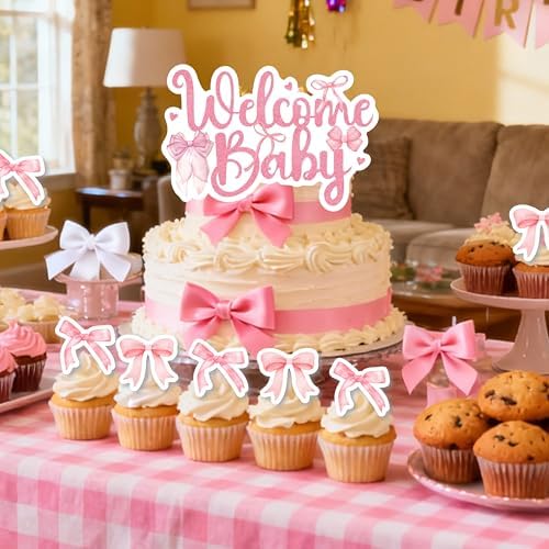 143Pcs Pink Bow Baby Shower Decorations for Girl, Coquette Party Supplies with 5x3ft Backdrop, 4 Baby Boxes with Letters, Balloon Garland Arch Kit, Tablecloth & Cake Toppers for It's a Girl Reveal - Image 4