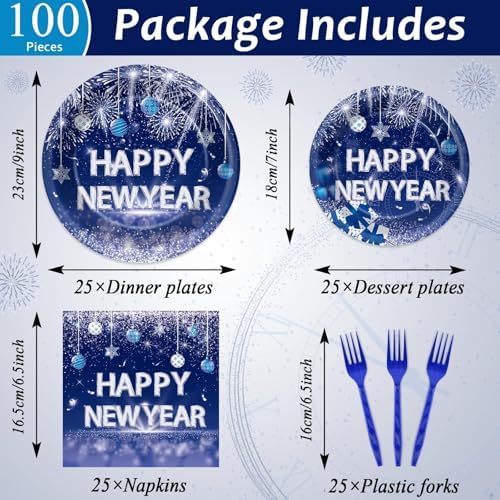 100PCS Happy New Year Party Plates and Napkins Party Supplies Blue 2026 New Year's Eve Platters Dessert Cake Tableware Set Party Decor Favor for New Year Evening Party Celebration Decoration Serves 25 - Image 2