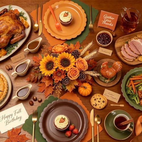 Orange and Green Paper Plates and Napkins,Thanksgiving 9inch Plates Napkins Forks Disposable Party Supplies for Baby Shower Friendsgiving & Autumn Parties,Serves 24 - Image 6