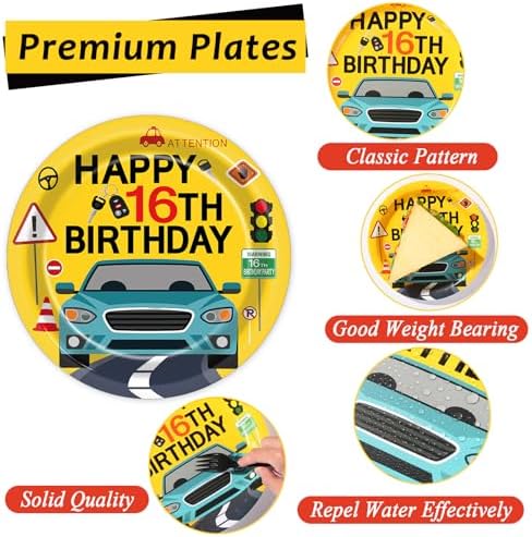 100 Pcs Drivers License 16th Birthday Party Decorations New Driver Car Plates and Napkins Set Disposable Racing 16 Years Old Paper Tableware for Boys Learner Driver Theme Supplies Serves 25 - Image 3
