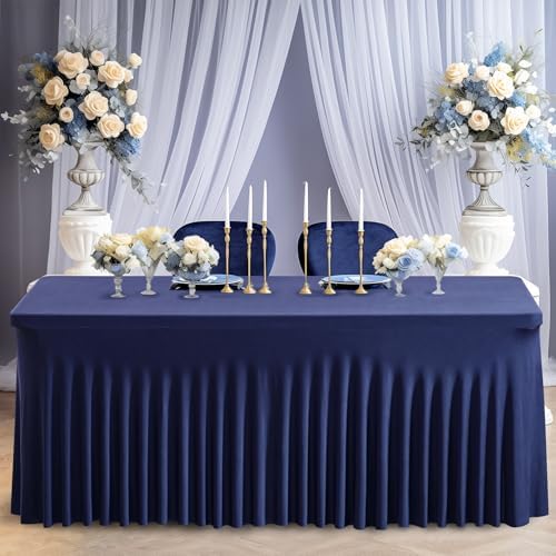 Wish Care 6 Pack Navy Blue Stretch Spandex Table Clothes for 6 Foot Rectangle Tables, 6FT Wrinkle Free Fitted Tablecloths Ruffles Design Table Cover for Party, Banquet, Wedding and Events - Image 6