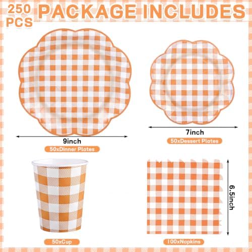 NatNarr 250 PCS Orange Gingham Party Supplies Set for 50 Guests - Image 2