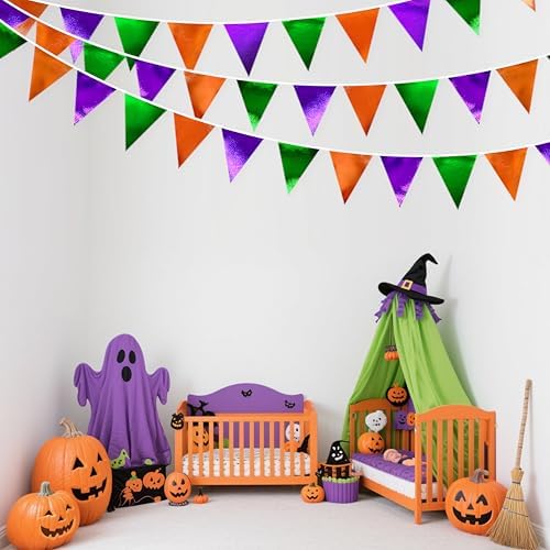 Halloween Party Decorations Metallic Fabric Green Orange Purple Triangle Pennant Banner Flag Bunting for Trick or Treat Spooky Hey Boo Happy Halloween Holiday Birthday Baby Shower Party Supplies - Image 7