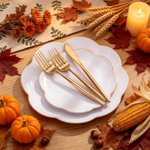ejonirinjonir 180pcs Elegant White Plastic Plates with Gold Rim for Wedding - Image 2