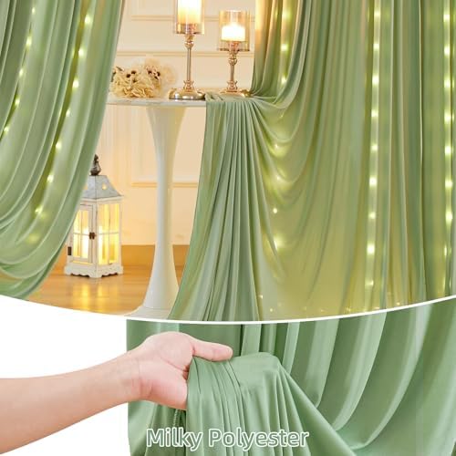 10 x 10 Sage Green Backdrop Curtain with Lights String for Party - Image 4