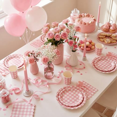 Yaomiao 168 Pcs Pink Gingham Party Supplies Princess Plates and Napkins - Image 6