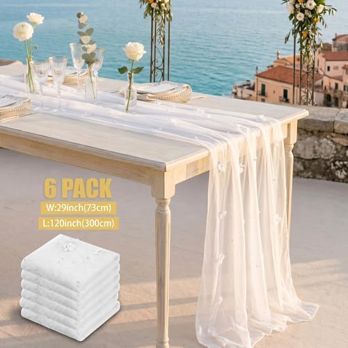 6 Pcs 29x120'' Pearl Tulle Table Runner 10ft Wedding Tablecloth, White - Image 2