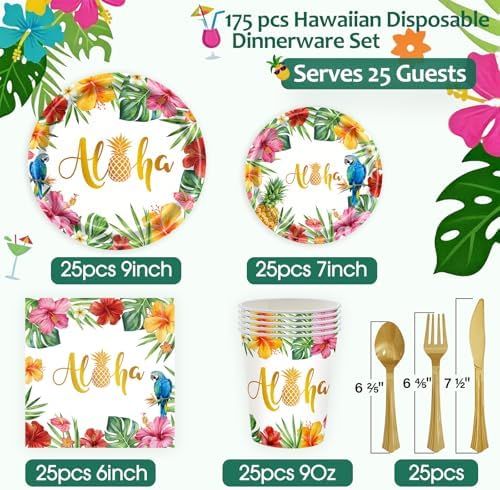 175Pcs Hawaiian Luau Party Decorations Aloha Tropical Tropical Hibiscus Floral Tableware Supplies Hawaii Palm Leaves Plates for Summer Hawaiian Birthday BBQ Pool Beach Party Supplies Serves 25 Guests - Image 3