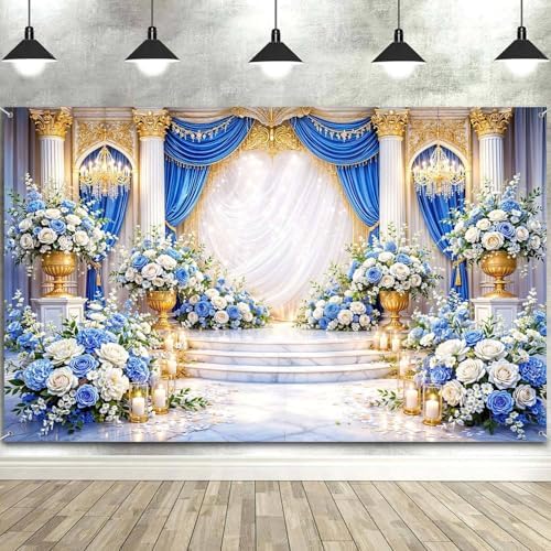 7X5ft European Palace Wedding Backdrop Blue and White Flower Wedding Party Decortions Photography Background Anniversary Birthday Baby Shower Girl Party Photo Booth Props Backdrops Wall Decor - Image 6