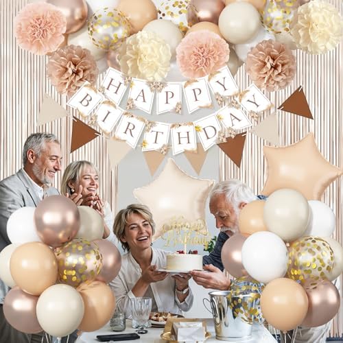 Beige Brown Birthday Decorations for Women, Gold Neutral Cream Sand White Party Balloon Kit with Boho Happy Birthday Banner Fringe Curtain Background Pom Pom Cake Topper for Boy Girl Men Bday Supplies - Image 4