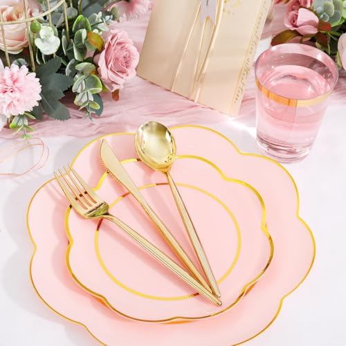 ejonirinjonir 180pcs Double Gold Rim Pink Plastic Plates for Sweet Party - Image 6