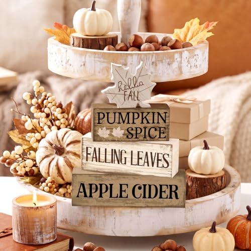 Moucuny 4 Pcs Neutral Fall Table Decor for Home Maple Leaf Wooden Blocks - Image 5