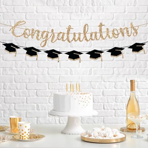 Pre-Strung Congratulations Banner, Gold Glitter Grad Caps Graduation Banner - Image 2